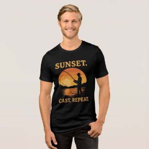Sunset Cast Repeat Fishing Adventure Design Tri-Blend Shirt