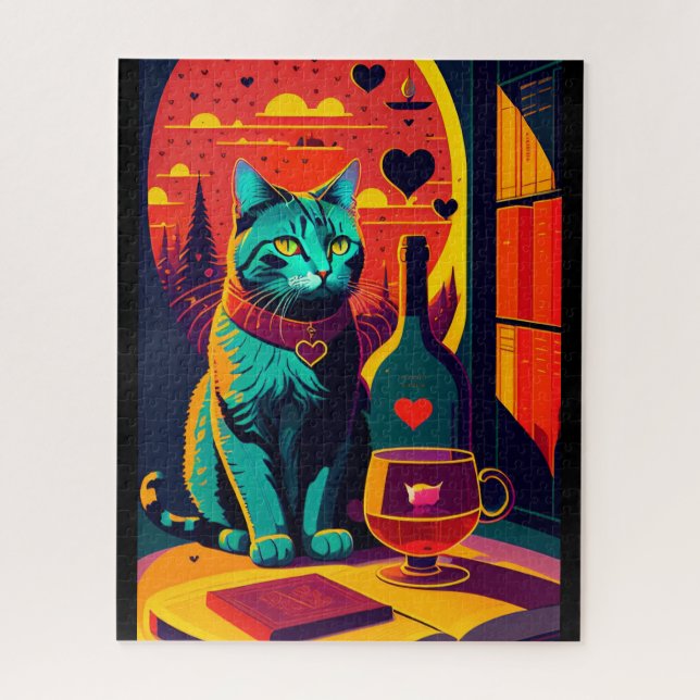 Sunset Cat Books And Wine  Jigsaw Puzzle (Vertical)