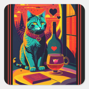 Sunset Cat Books And Wine Square Sticker