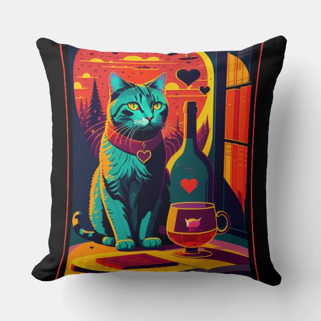 Sunset Cat Books And Wine Throw Pillow (Front)