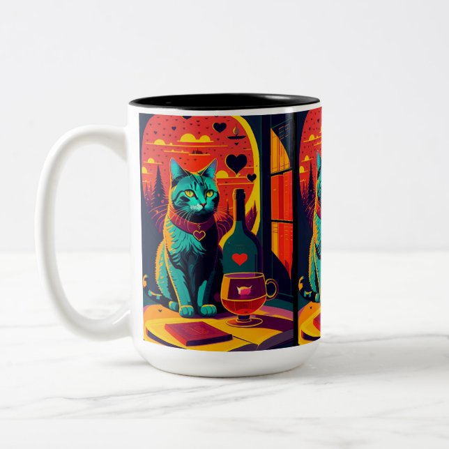 Sunset Cat Books And Wine Two-Tone Coffee Mug (Left)