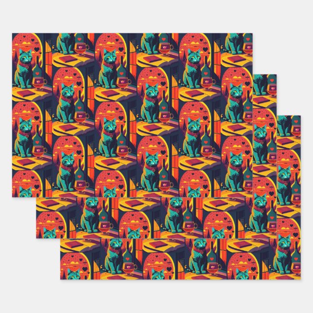 Sunset Cat Books And Wine  Wrapping Paper Sheet (Set)