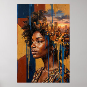 Sunset Cityscape Afrofuturism Black Queen Poster