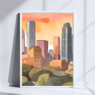 Sunset Cityscape   City Skyline Watercolor Poster
