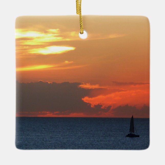 Sunset Clouds and Sailboat Seascape Ceramic Ornament (Front)