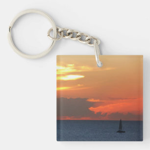 Sunset Clouds and Sailboat Seascape Keychain