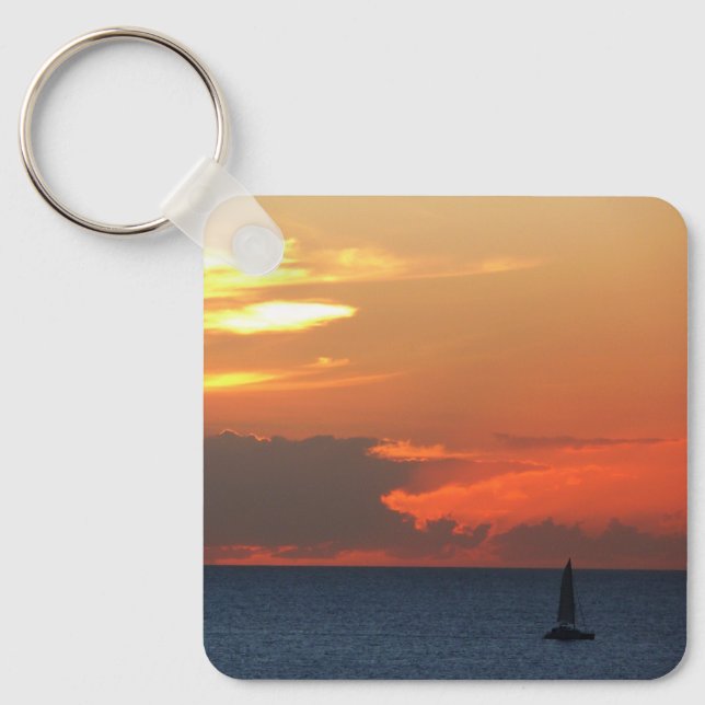 Sunset Clouds and Sailboat Seascape Keychain (Front)