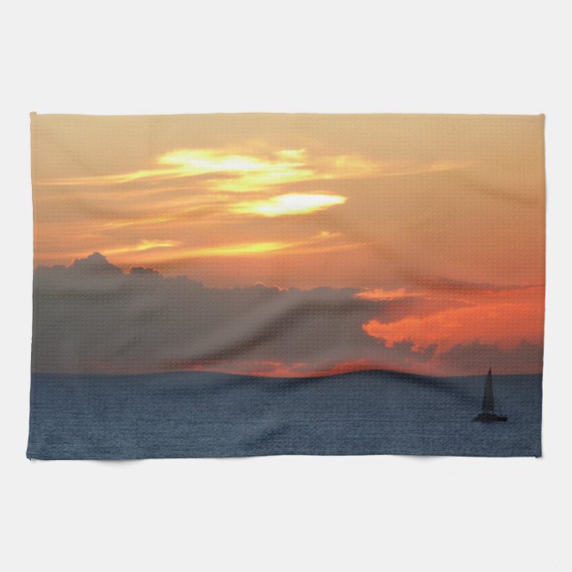 Sunset Clouds and Sailboat Seascape Kitchen Towel (Horizontal)