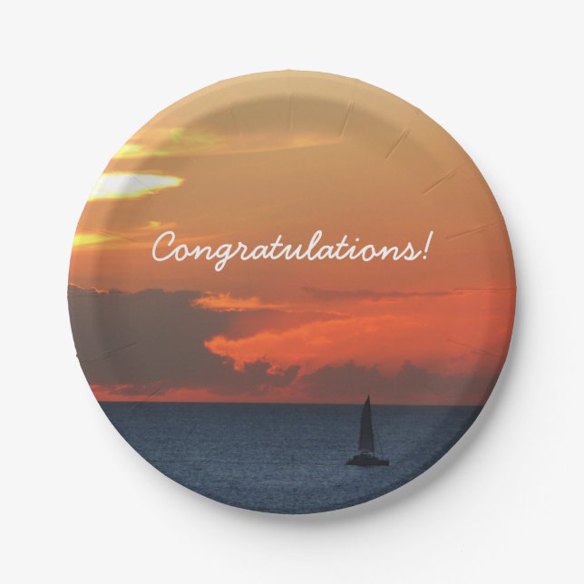 Sunset Clouds and Sailboat Seascape Paper Plate (Front)