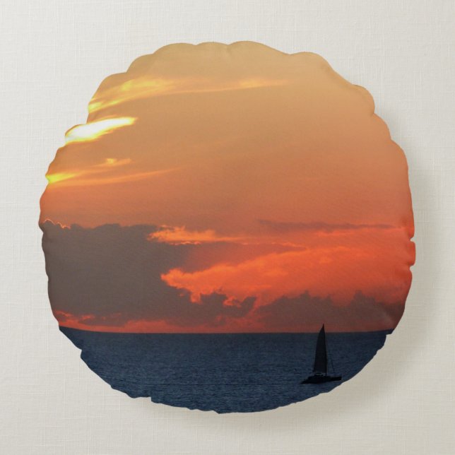 Sunset Clouds and Sailboat Seascape Round Pillow (Front)
