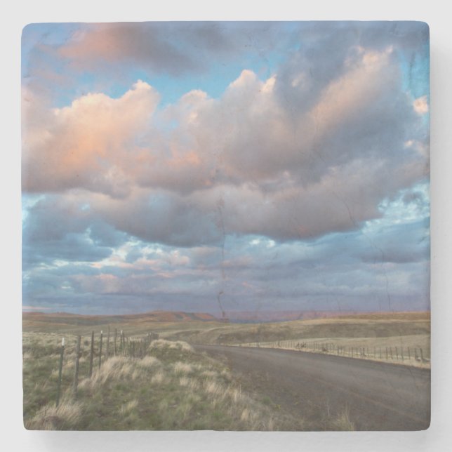 Sunset Clouds Over Gravel Zumwalt Prairie Road Stone Coaster (Front)