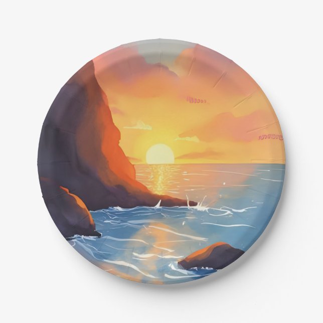 Sunset Coast | Beach Ocean Waves Paper Plate (Front)
