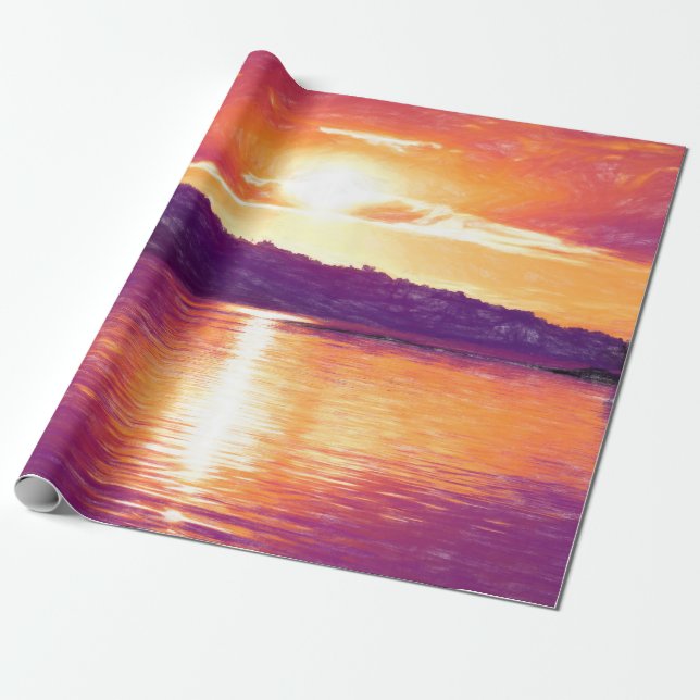 Sunset Coastal Beach Orange Purple Decoupage Wrapping Paper (Unrolled)