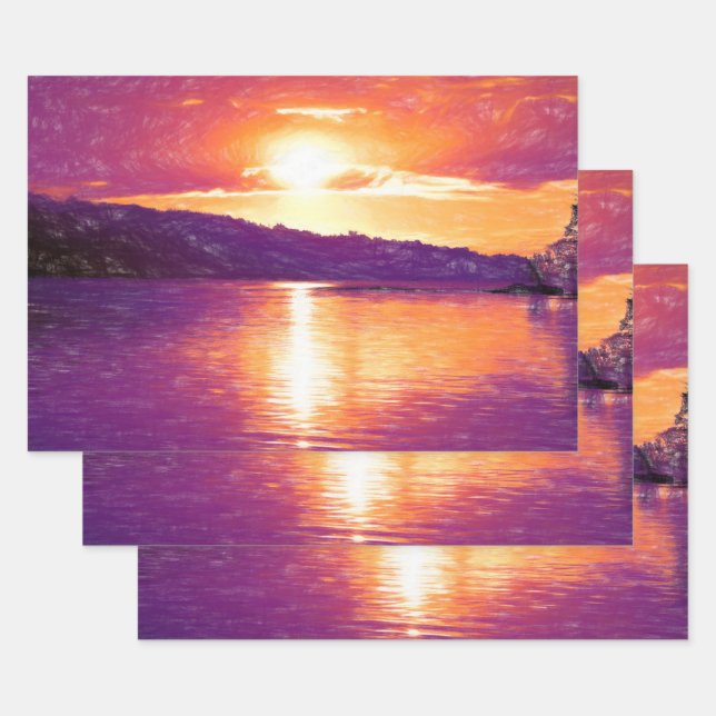 Sunset Coastal Beach Orange Purple Decoupage Wrapping Paper Sheet (Set)