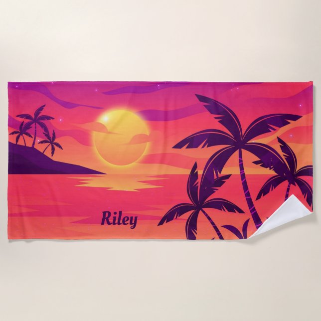 Sunset Coastal Palm Trees Personalized Beach Towel (Front)