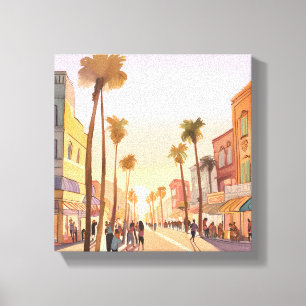 Sunset Coastal Town   Palm Tree Coastal Watercolor Canvas Print