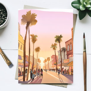Sunset Coastal Town   Palm Tree Coastal Watercolor Postcard