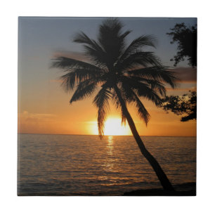 Sunset coconut palm tree Fiji peace and joy Tile