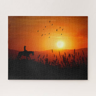 Sunset Cowgirl on a Horse Meadow Ride Western Jigsaw Puzzle