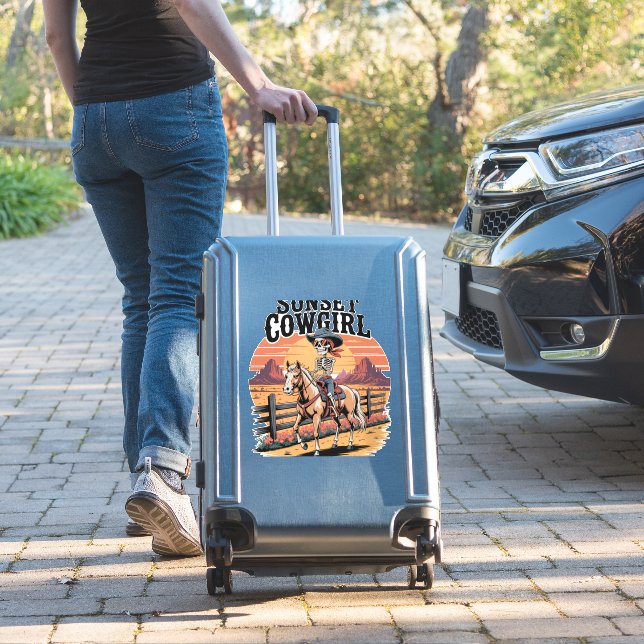 Sunset Cowgirl Skeleton Riding Horse (Suitcase Insitu)