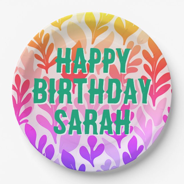 sunset custom leaf ombre Happy Birthday  Paper Plate (Front)