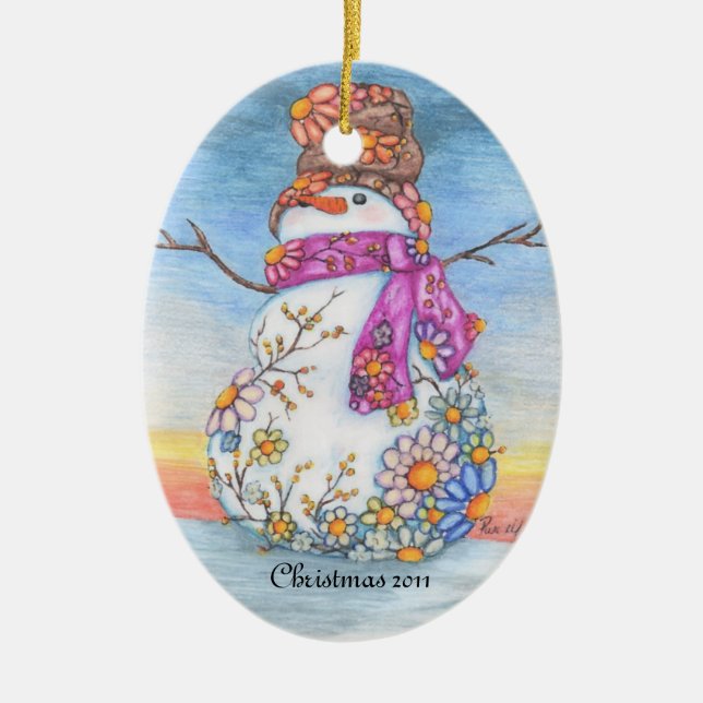 Sunset Daisy Snowman Ceramic Ornament (Front)