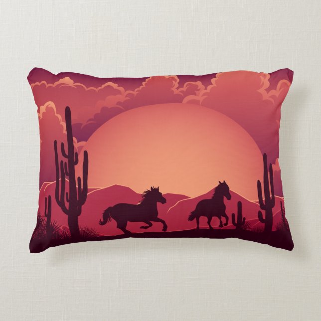 Sunset Desert Wild Running Horses  Accent Pillow (Front)