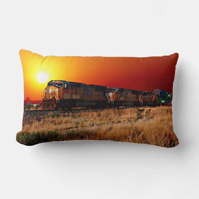 Sunset Diesel Locomotive Freight Train  Lumbar Pillow (Front)