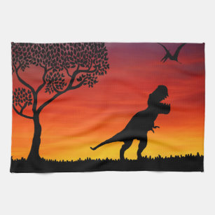 Sunset Dinosaur Scene Kitchen Towel