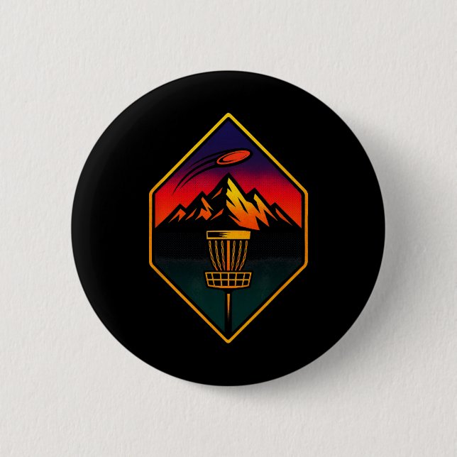 Sunset Disc Golf - Mountains Sket Trees  2 Inch Round Button (Front)