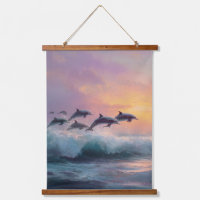 Sunset Dolphins Surfing Ocean Wave Tapestry