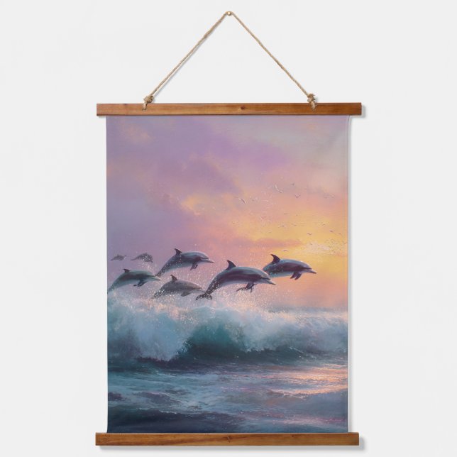 Sunset Dolphins Surfing Ocean Wave Tapestry (Front)