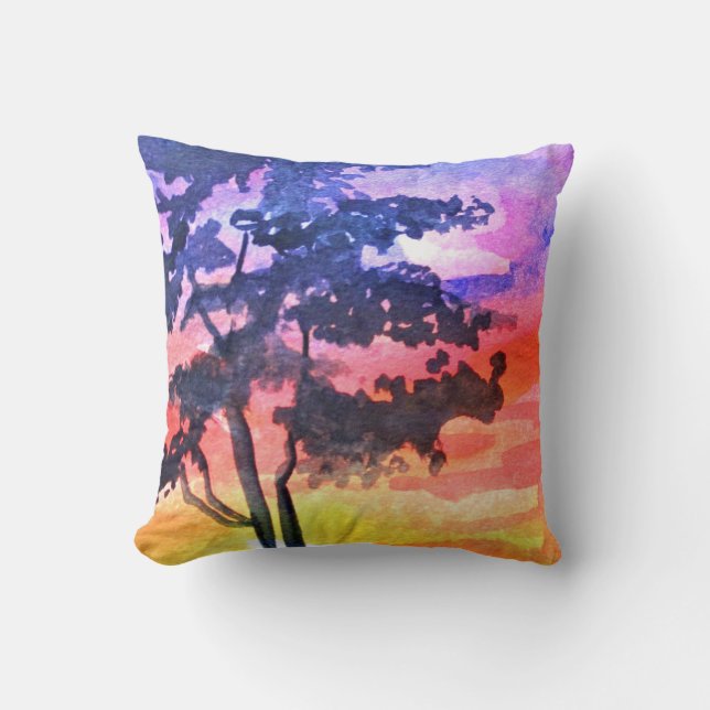 Sunset Dreaming landscape watercolor art Throw Pillow (Front)