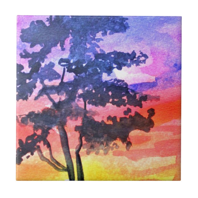 Sunset Dreaming landscape watercolor art Tile (Front)