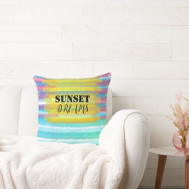 Sunset Dreams Turquoise Watercolor Stripes  Throw Pillow (Couch)