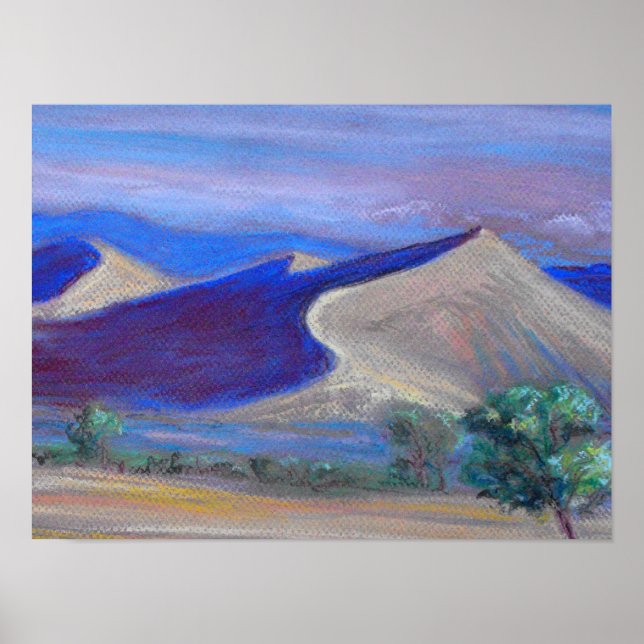 Sunset Dunes, Distant Mountains and Trees Poster (Front)