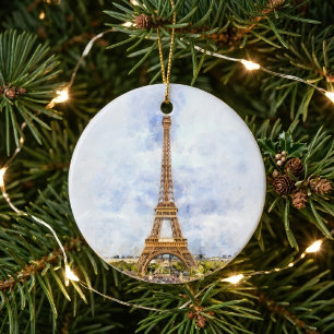 Sunset Eiffel Tower Paris French Watercolor Ceramic Ornament