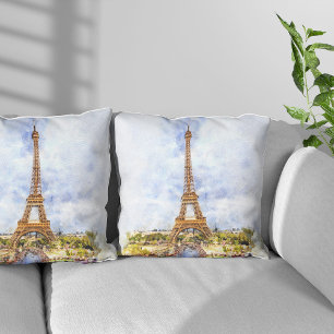 Sunset Eiffel Tower Paris French Watercolor Throw Pillow