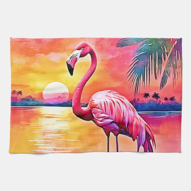 Sunset Flamingo Art Design Kitchen Towel (Horizontal)