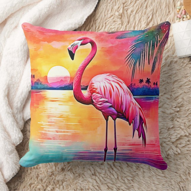 Sunset Flamingo Art Design Throw Pillow (Blanket)
