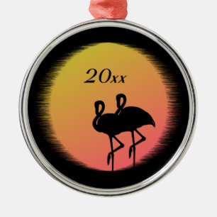Sunset Flamingos Metal Ornament