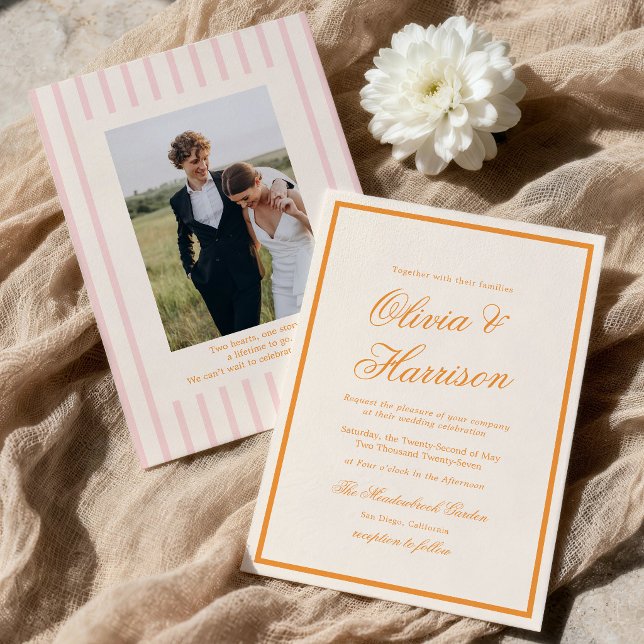 Sunset Glow Pink Orange Preppy Stripes Invitation (Creator Uploaded)
