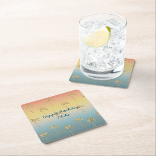 Sunset Gold Glitter Palm Trees Birthday Square Paper Coaster