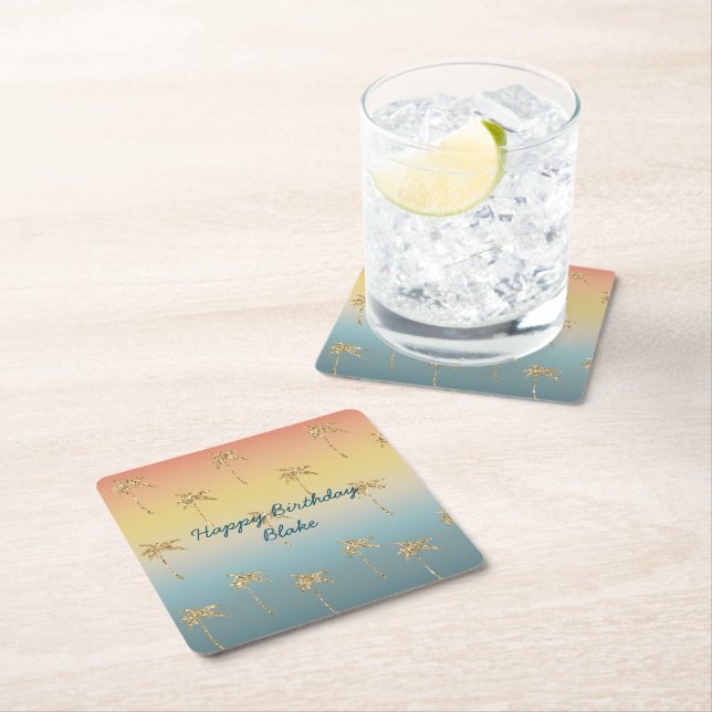 Sunset Gold Glitter Palm Trees Birthday Square Paper Coaster (Insitu)