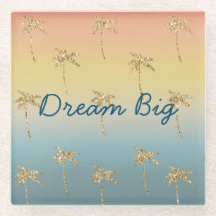 Sunset Gold Glitter Palm Trees Glass Coaster