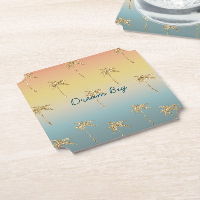 Sunset Gold Glitter Palm Trees Paper Coaster (Angled)