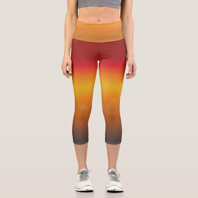 Sunset Gradient Vibrant Red Orange Yellow Ombre Capri Leggings (Front)