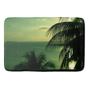 SunSet Green Blue Sky & Sea Silhouetted Palm Tree Bath Mat