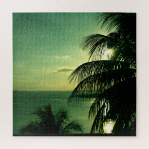 SunSet Green Blue Sky & Sea Silhouetted Palm Tree Jigsaw Puzzle