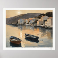 Sunset Harbor Reflection Oil Painting Art Print